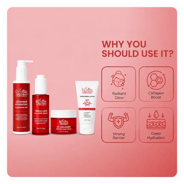 Mila MiAmor facial skincare trio providing a collagen boost, deep hydration, and a strong skin barrier for a radiant glow.