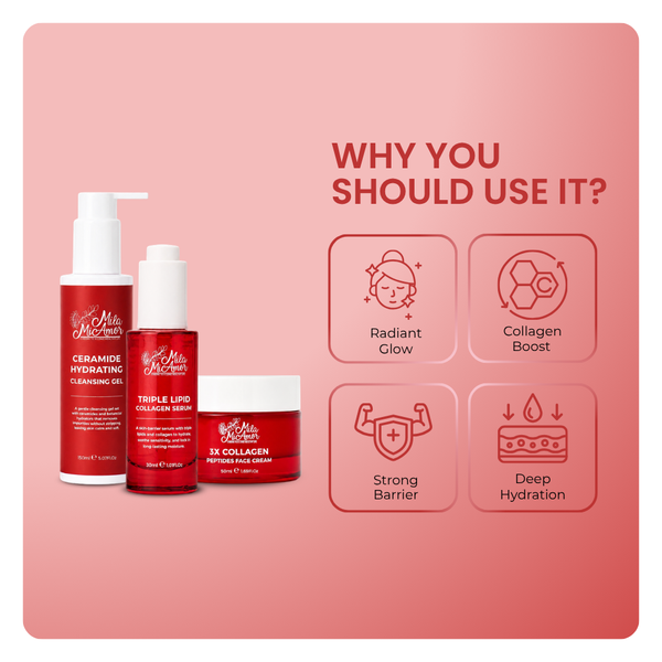 Mila MiAmor facial skincare trio providing a collagen boost, deep hydration, and a strong skin barrier for a radiant glow.