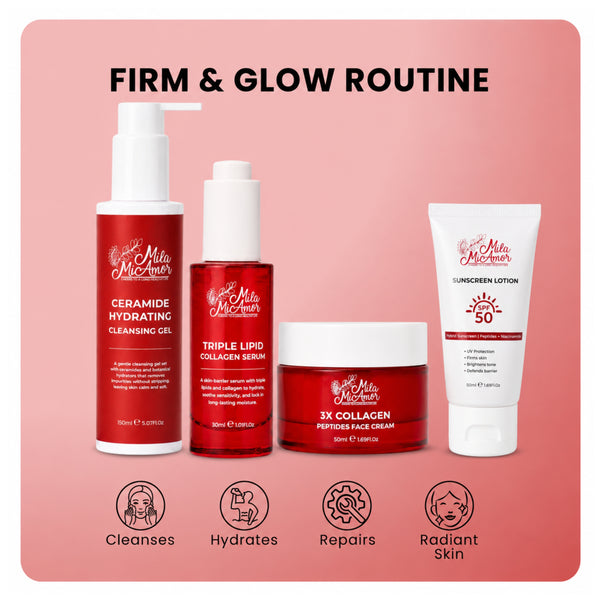 Mila MiAmor Firm & Glow Routine. 4-piece face care set with cleanser, serum, and cream to hydrate and repair skin.