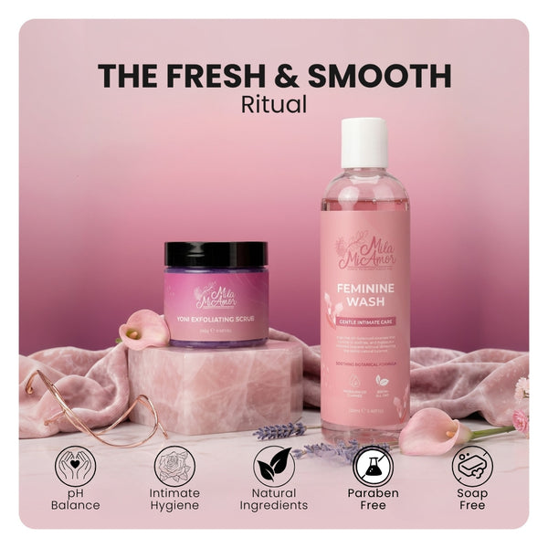 Mila MiAmor The Fresh & Smooth Ritual duo featuring paraben-free feminine wash and natural yoni exfoliating scrub.