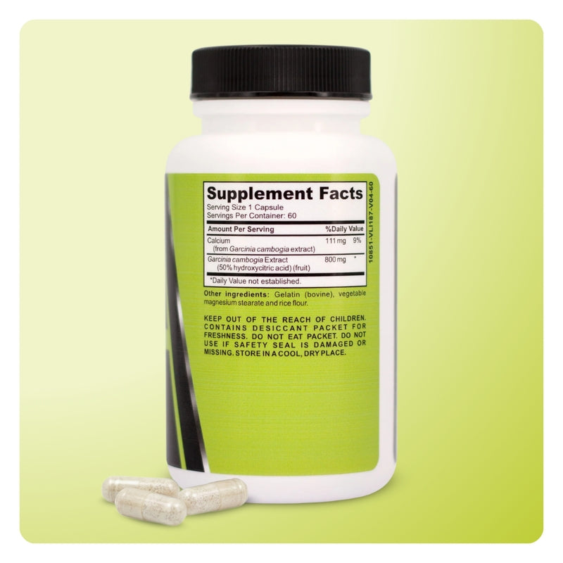 Back of Mila MiAmor Garcinia Cambogia bottle showing Supplement Facts label with 800mg extract and 50% HCA dosage.