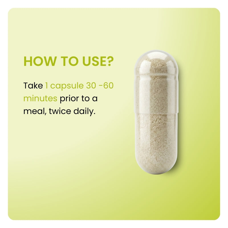 Garcinia Cambogia dosage instructions. Close-up of a powder capsule with directions to take 1 capsule twice daily.
