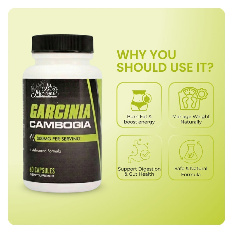 Mila MiAmor Garcinia Cambogia bottle showing benefits: burn fat, manage weight, boost energy, and support digestion.