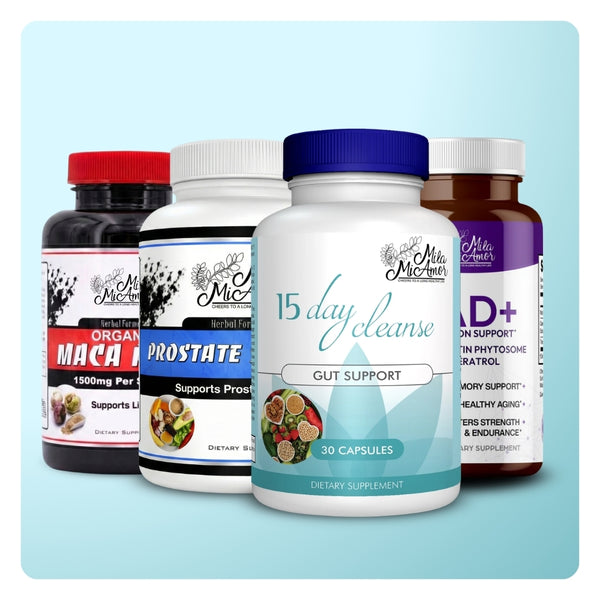 Mila MiAmor men's health stack: Maca Root, Prostate Support, 15 Day Cleanse, and NAD+ on a blue background.