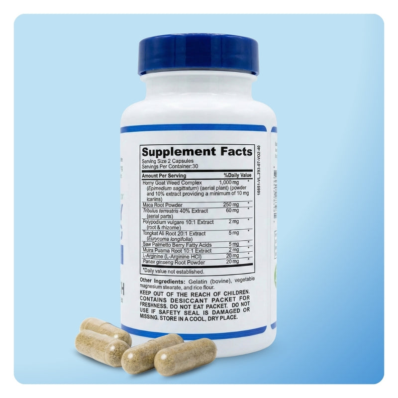 Back of Mila MiAmor Horny Goat Weed bottle displaying Supplement Facts label with 1000mg extract dosage.
