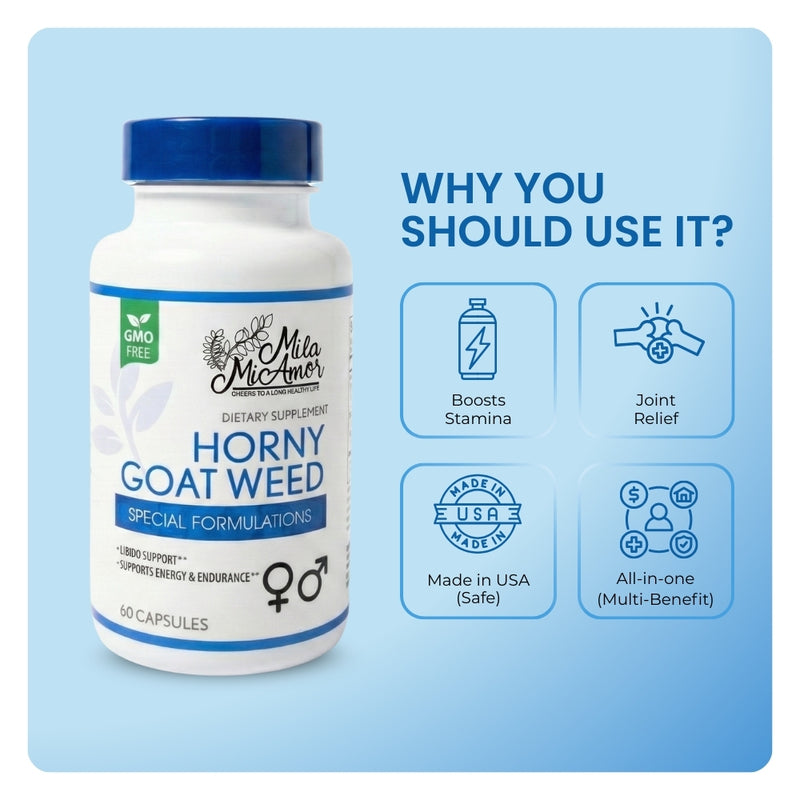 Mila MiAmor Horny Goat Weed bottle showing benefits: boosts stamina, joint relief, and all-in-one support.