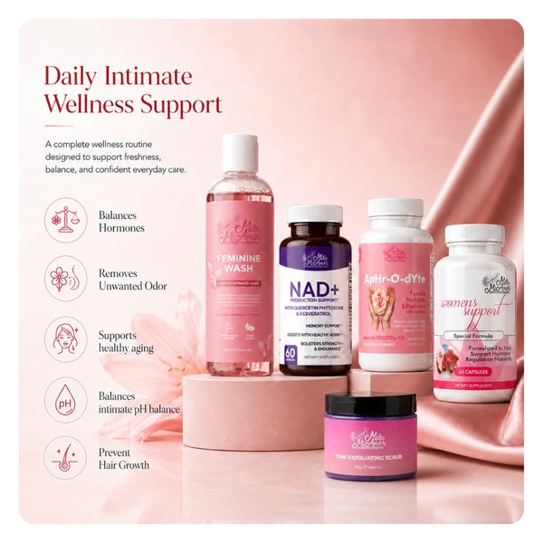 Inside and Out featuring wash, scrub, and supplements designed to balance hormones, support healthy aging, and maintain pH.