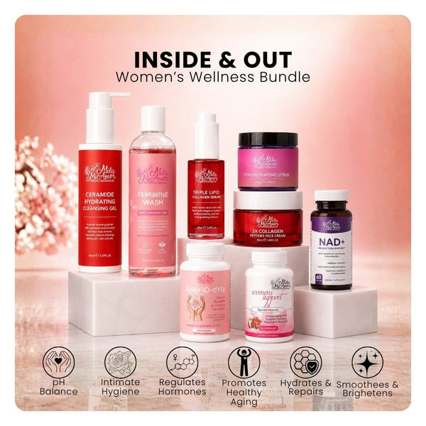 Mila MiAmor Inside & Out Women's Wellness Bundle featuring intimate wash, facial skincare, probiotics, hormone support, and NAD+ supplements.