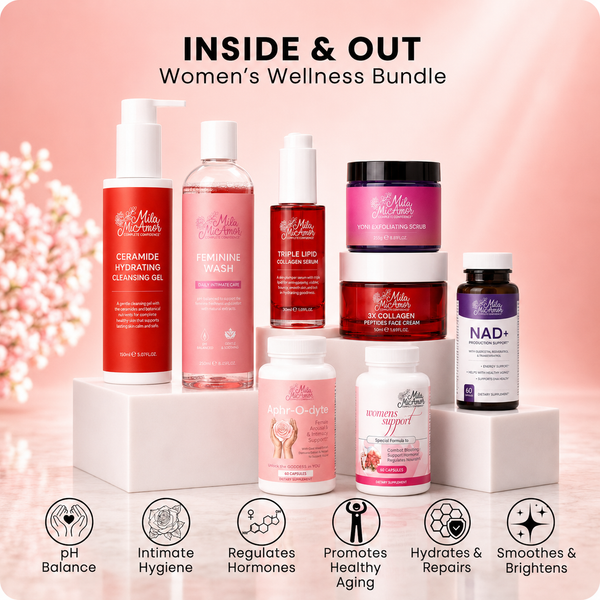 Mila MiAmor Inside & Out Women's Wellness Bundle featuring intimate wash, facial skincare, probiotics, hormone support, and NAD+ supplements.