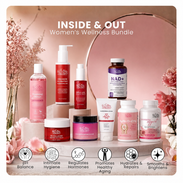 Mila MiAmor Inside & Out Women's Wellness Bundle featuring intimate wash, facial skincare, probiotics, hormone support, and NAD+ supplements.