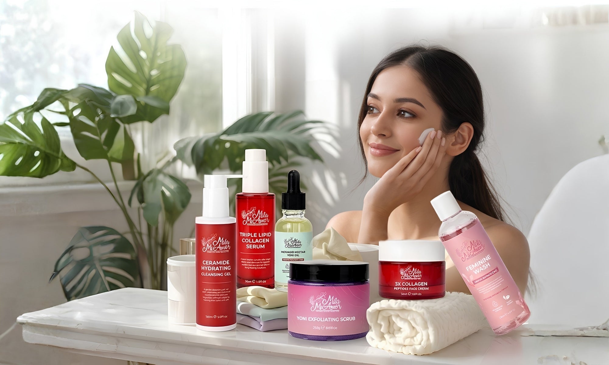 Mila MiAmor Inside Out Collection. Woman applying cream behind a display of skincare and intimate wellness products.
