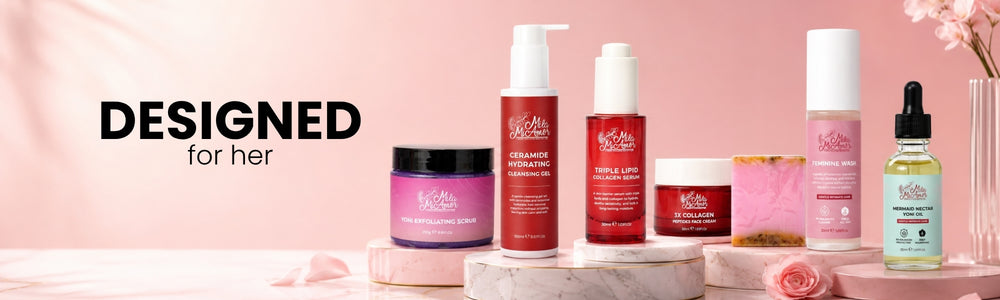 Mila MiAmor Inside & Out collection. Seven women's skincare and intimate care products on pink marble pedestals.