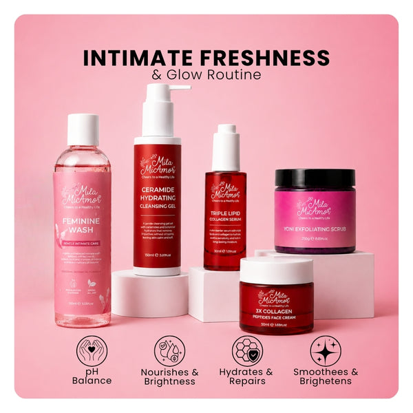 Mila MiAmor Intimate Freshness and Glow Routine kit featuring feminine wash, ceramide cleansing gel, collagen serum, face cream, and yoni exfoliating scrub.