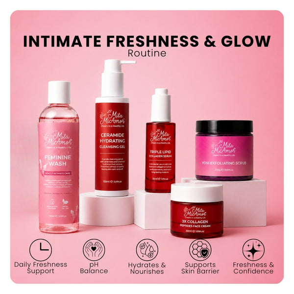Mila MiAmor 5-piece intimate & face set. Wash, scrub & creams to balance pH, hydrate, and support the skin barrier