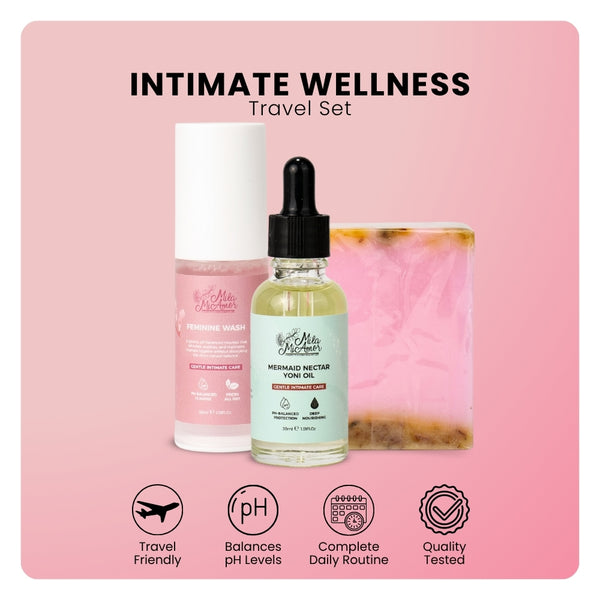 Mila MiAmor Intimate Wellness Travel Set including 30ml feminine wash, 30ml Mermaid Nectar yoni oil, and botanical soap.