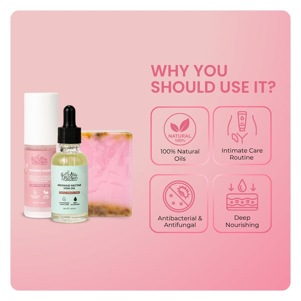 Mila MiAmor intimate travel kit benefits: 100% natural oils, complete care routine, antibacterial, and deep nourishing.