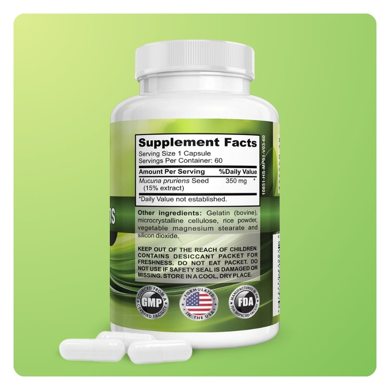 Back of Mila MiAmor Mucuna Pruriens bottle displaying official Supplement Facts label and 350mg seed dosage.