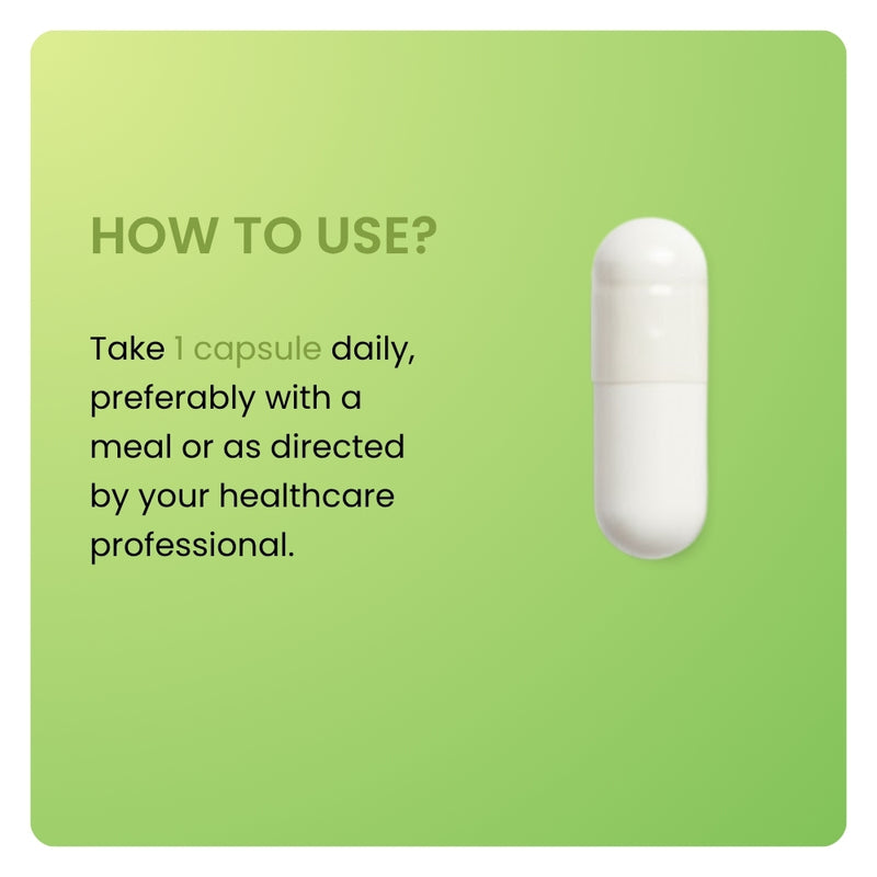 Mucuna Pruriens dosage instructions. Close-up of a white capsule with directions to take one pill daily.