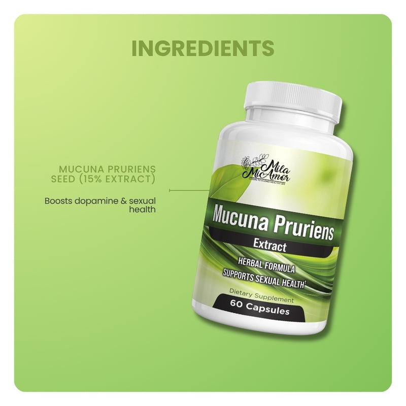 Mila MiAmor Mucuna Pruriens ingredient graphic highlighting 15% seed extract for dopamine and sexual health.
