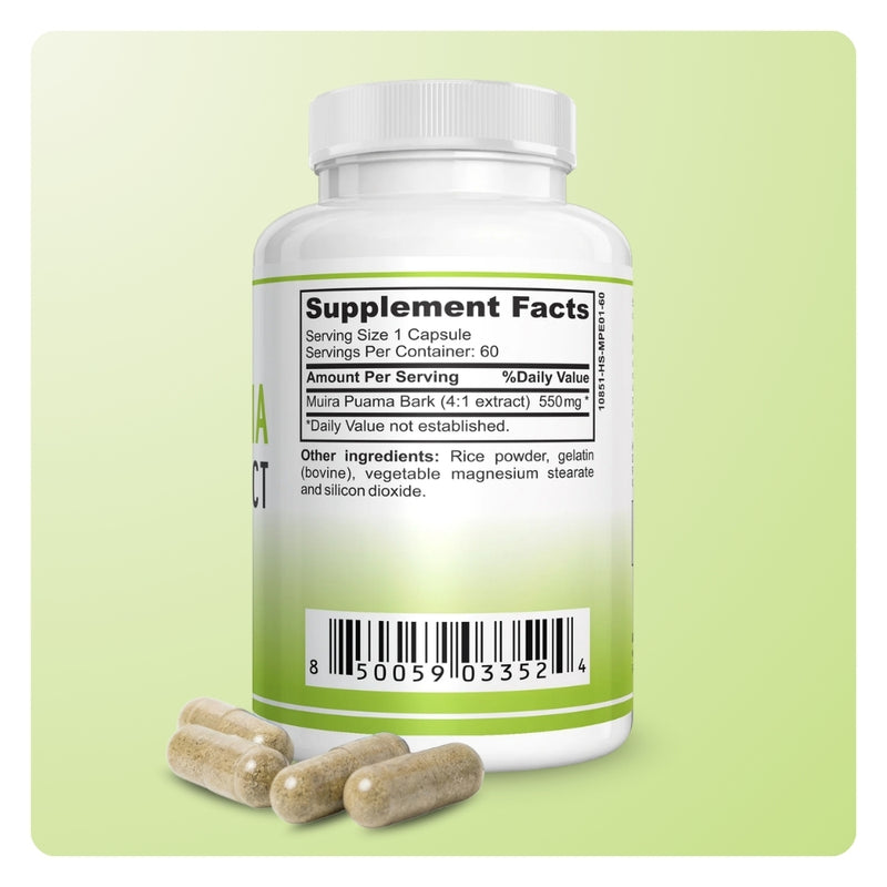 Back of Mila MiAmor Muira Puama bottle displaying official Supplement Facts label and 550mg bark extract dosage.