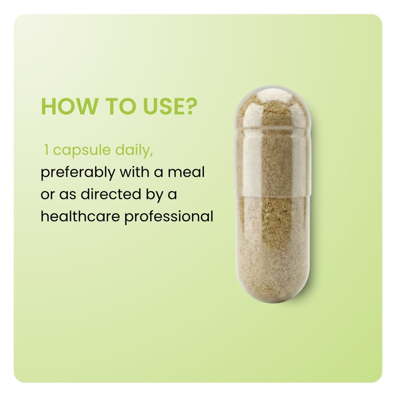 Muira Puama dosage instructions. Close-up of a brown herbal capsule with directions to take one pill daily.