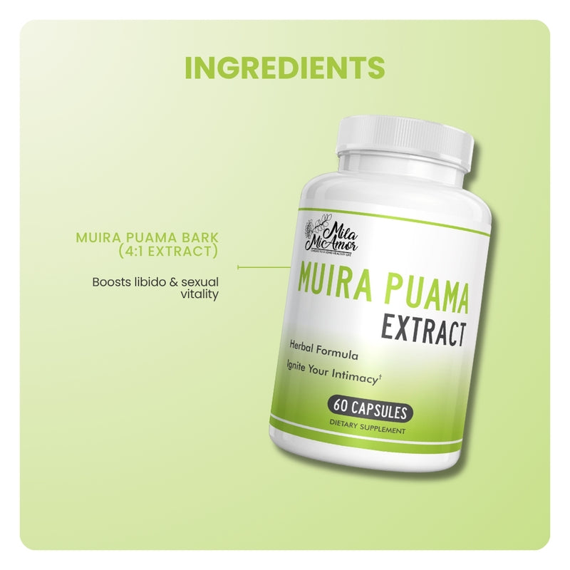 Mila MiAmor Muira Puama ingredient graphic highlighting 4:1 bark extract for libido and sexual vitality.