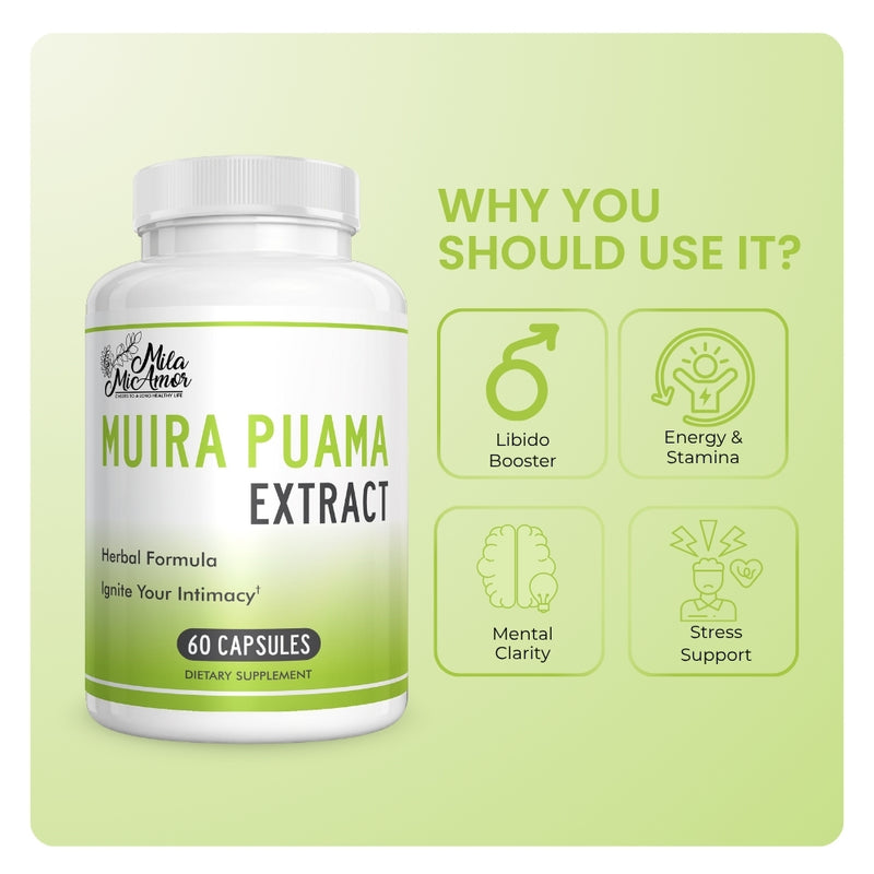 Mila MiAmor Muira Puama bottle showing benefits: libido booster, energy, mental clarity, and stress support.