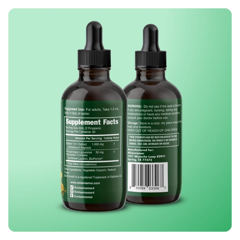 Back of Mila MiAmor Mullein Leaf bottles displaying Supplement Facts label with 1,000mg 10:1 extract dosage.