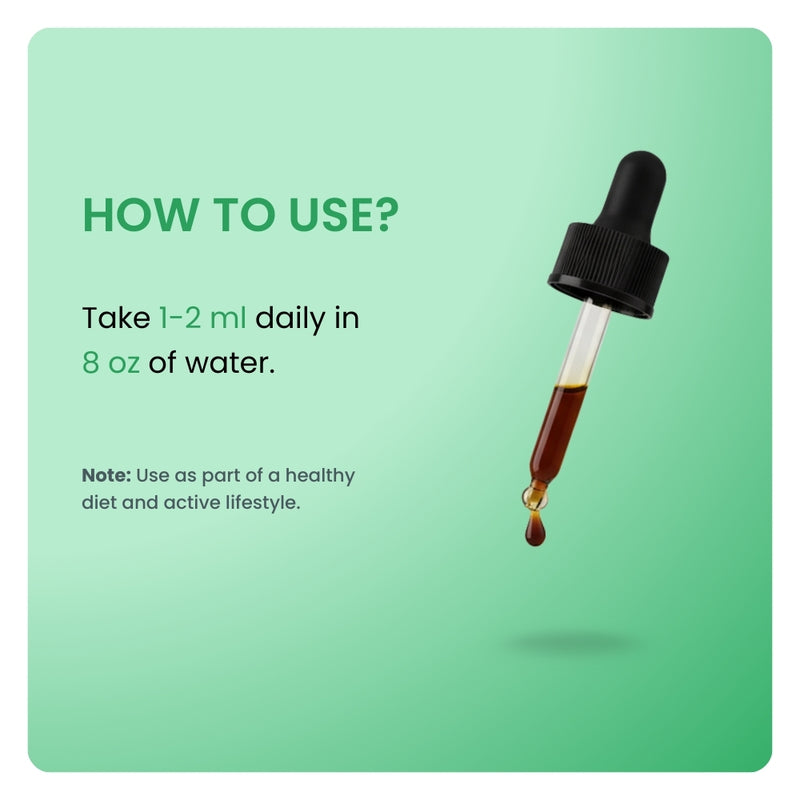 Mullein Leaf dosage instructions. Close-up of a glass dropper with directions to take 1-2 ml daily in 8 oz of water.