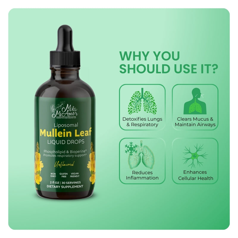 Mila MiAmor Mullein Leaf bottle showing benefits: lung detox, clears mucus, reduces inflammation, and cellular health.