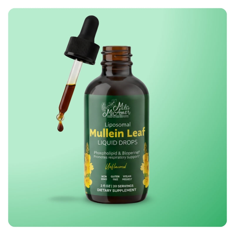 Mila MiAmor Mullein Leaf liquid drops. Close-up of open bottle and glass dropper dispensing a dark unflavored liquid.