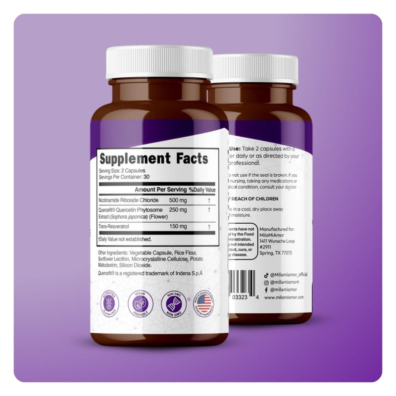 Back of Mila MiAmor NAD+ bottles displaying Supplement Facts with 500mg nicotinamide riboside chloride.
