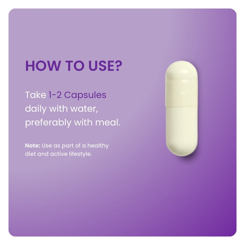 NAD+ supplement dosage instructions. Close-up of a white capsule with directions to take 1 to 2 capsules daily.