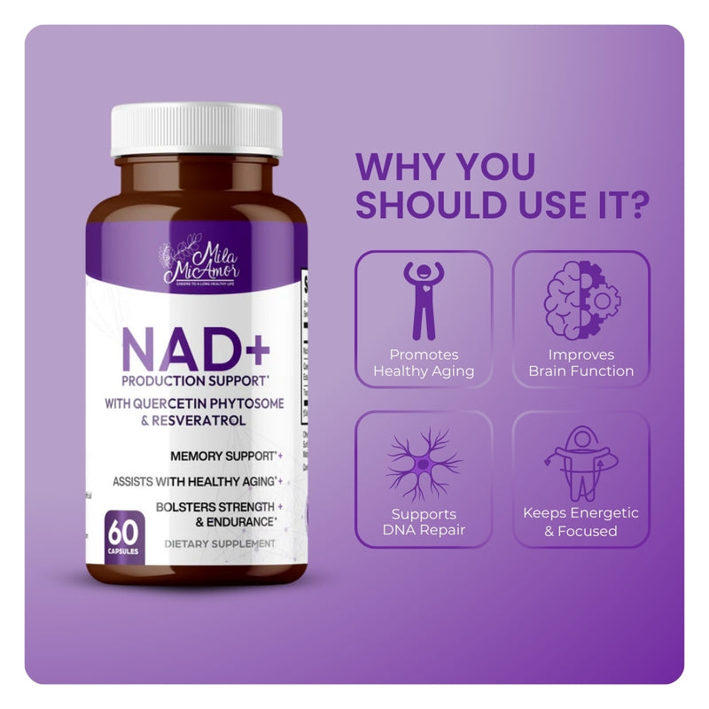 Mila MiAmor NAD+ bottle showing benefits: healthy aging, brain function, DNA repair, and energy support.