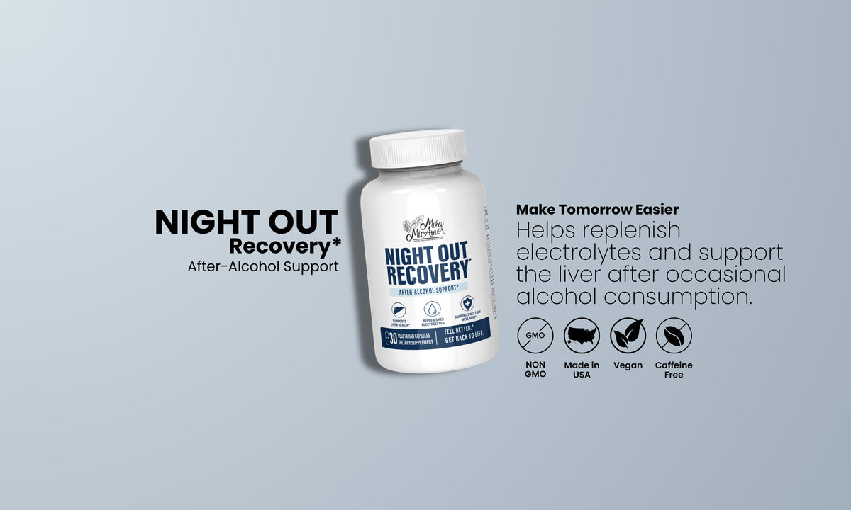 Night Out Recovery bottle on light blue gray with liver support text and trust icons