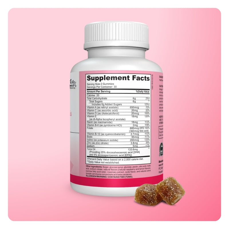 Back of Mila MiAmor Prenatal Gummies bottle showing Supplement Facts label with 600mcg Folate and 133.6mg DHA dosage.