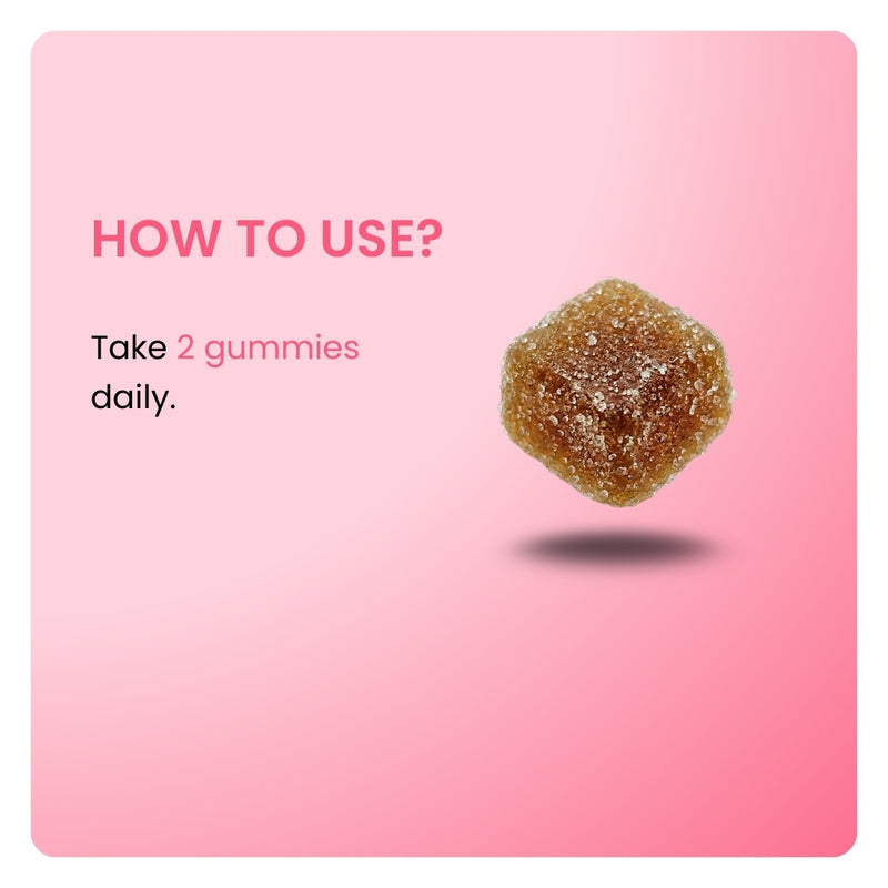 Prenatal Multi-Vitamin Gummies dosage instructions. Close-up of a brown gummy with directions to take 2 gummies daily.