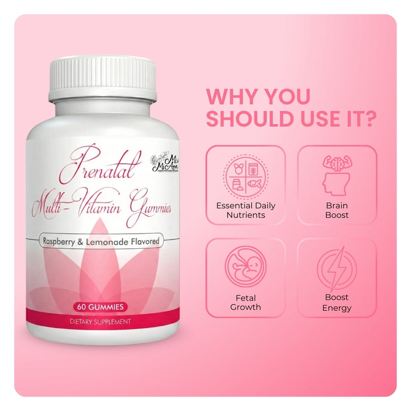 Mila MiAmor Prenatal Gummies bottle showing benefits: daily nutrients, brain boost, fetal growth, and energy support.