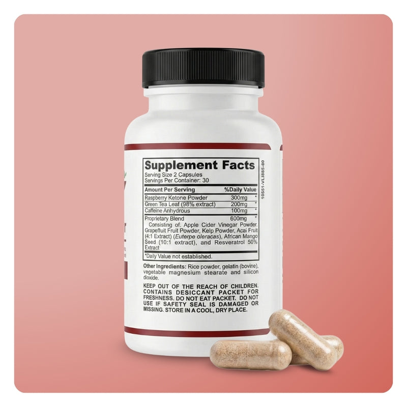 Back of Mila MiAmor Raspberry Ketone bottle displaying Supplement Facts label with 300mg ketone powder dosage.