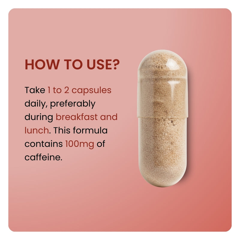 Raspberry Ketone dosage instructions. Close-up of a brown capsule with directions to take 1 to 2 capsules daily.