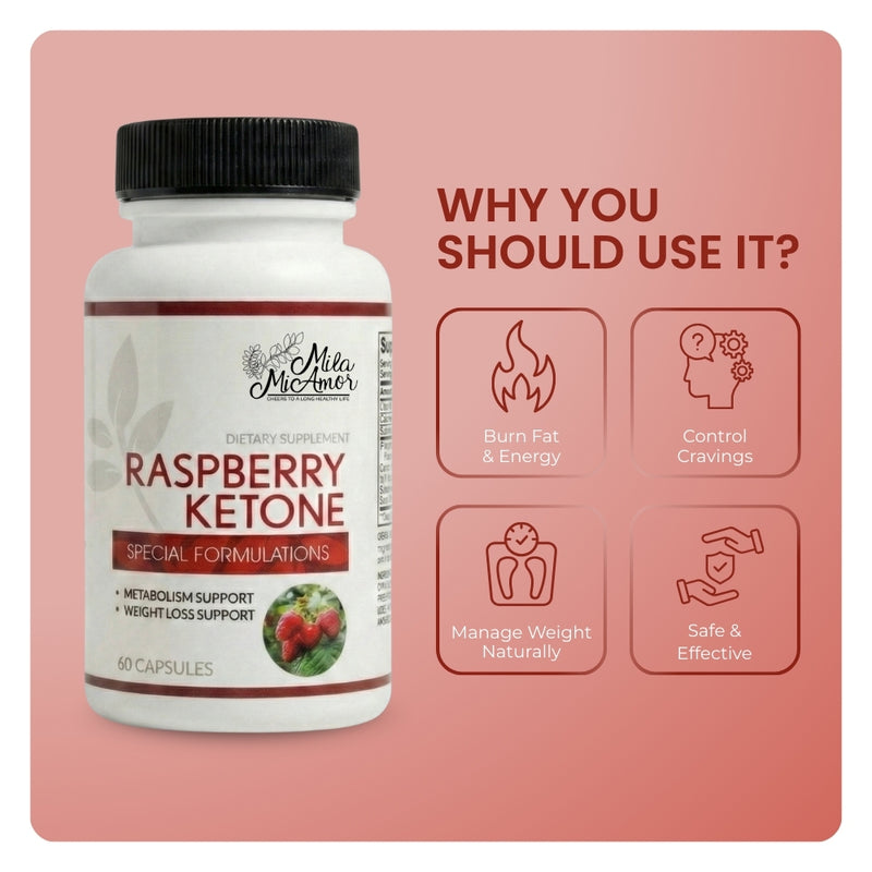 Mila MiAmor Raspberry Ketone bottle showing benefits: burn fat, control cravings, and manage weight naturally.