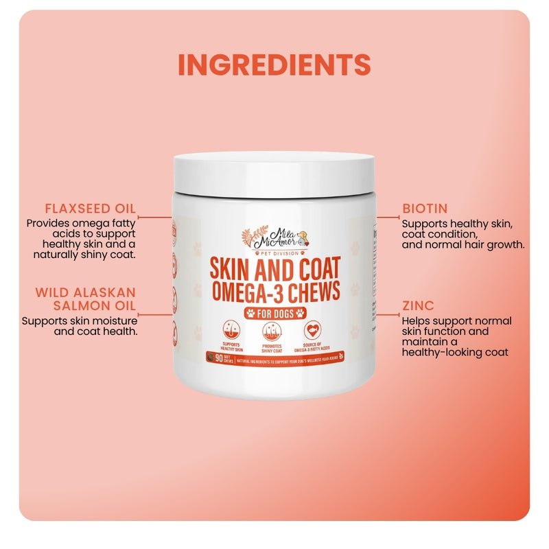 Skin and Coat Omega-3 Chews jar surrounded by callouts for flaxseed oil, salmon oil, biotin, and zinc.