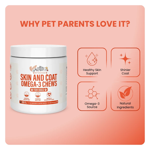 Skin & Coat Omega-3 Chews for Dogs – Healthy Skin & Shiny Coat Support – Source of Omega-3 Fatty Acids – Natural Ingredients – 90 Soft Chews