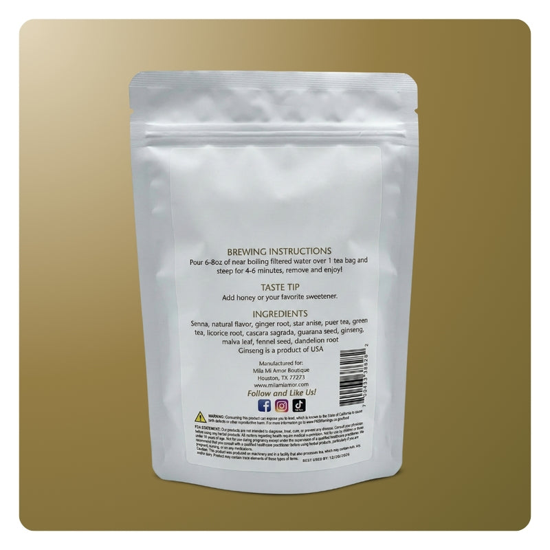 Back of Terra Santa Cleansing Tea pouch displaying brewing instructions, ingredients, and company details.