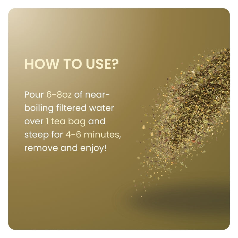 Cleansing tea brewing instructions. Graphic of loose leaf tea with directions to steep one bag for 4 to 6 minutes.