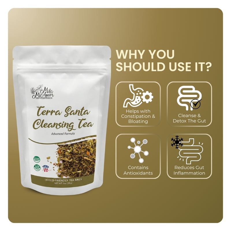 Terra Santa Cleansing Tea pouch showing benefits: detox the gut, reduce inflammation, and help with bloating.