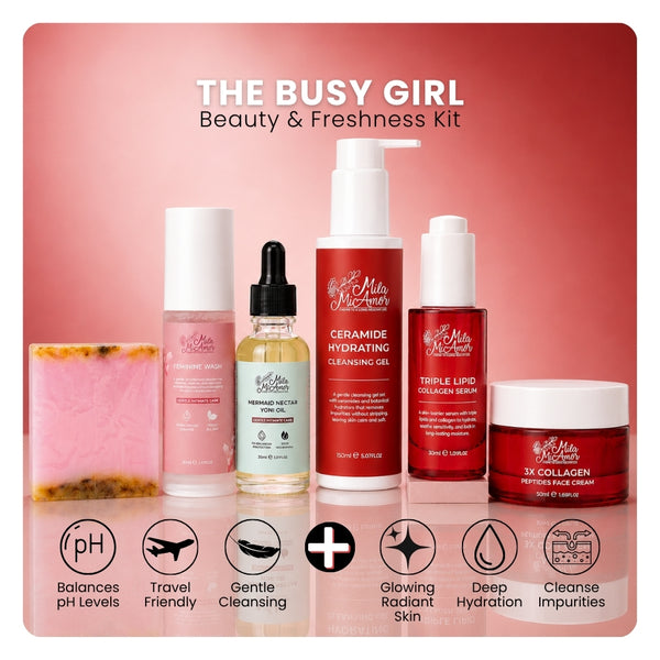 Mila MiAmor The Busy Girl Beauty and Freshness Kit featuring intimate wash, yoni oil, botanical soap, ceramide cleansing gel, collagen serum, and face cream.