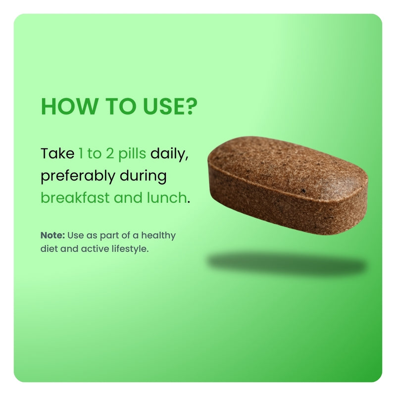 Therma Shed dosage instructions. Close-up of a brown tablet with directions to take 1 to 2 pills daily.