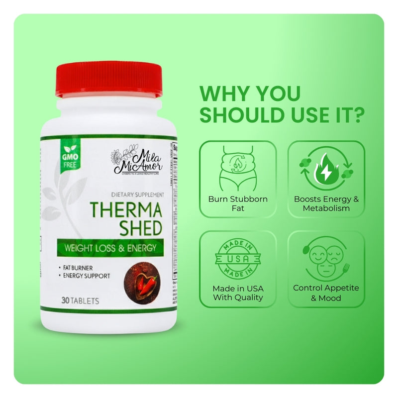 Mila MiAmor Therma Shed bottle showing benefits: burn fat, boost metabolism, and control appetite and mood.