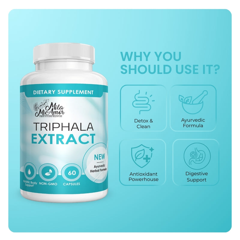 Mila MiAmor Triphala bottle showing benefits: detox, Ayurvedic formula, antioxidant, and digestive support.
